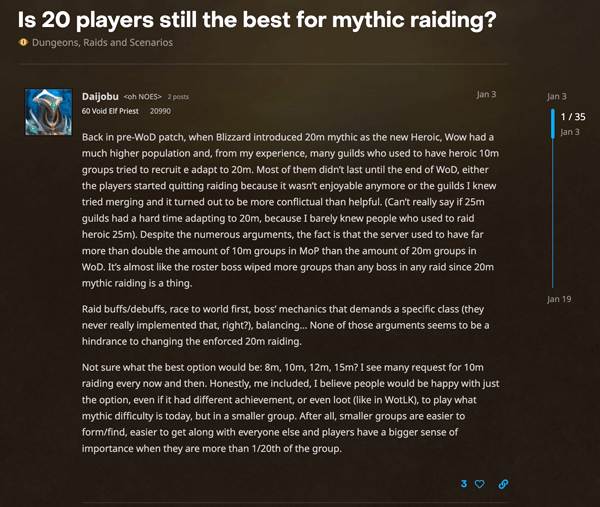 A WoW player discussing 20m groups