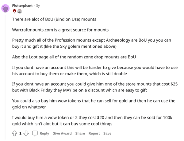 A WoW player discussing BOU mounts