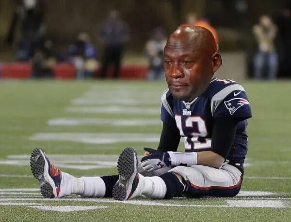 Crying Jordan placed over Tom Brady's head
