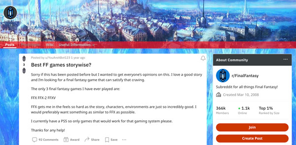 A gamer asking about the best FFs