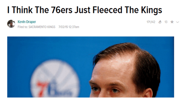 NBA headline about the 76ers fleecing the Kings