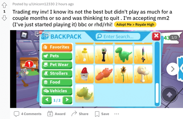 A Roblox player looking to trade items from their inv