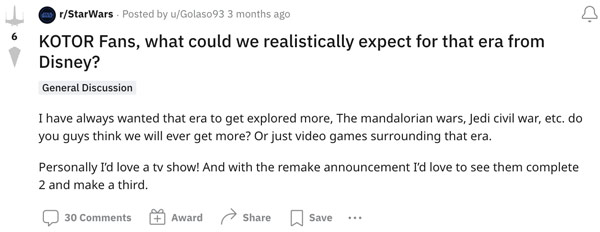 A Star Wars fan discussing KOTOR on Reddit