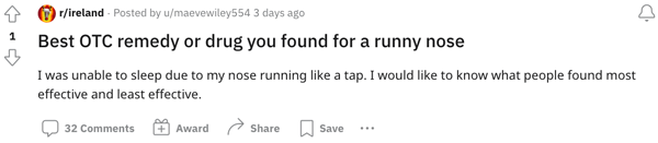A Reddit user looking for an OTC runny nose remedy
