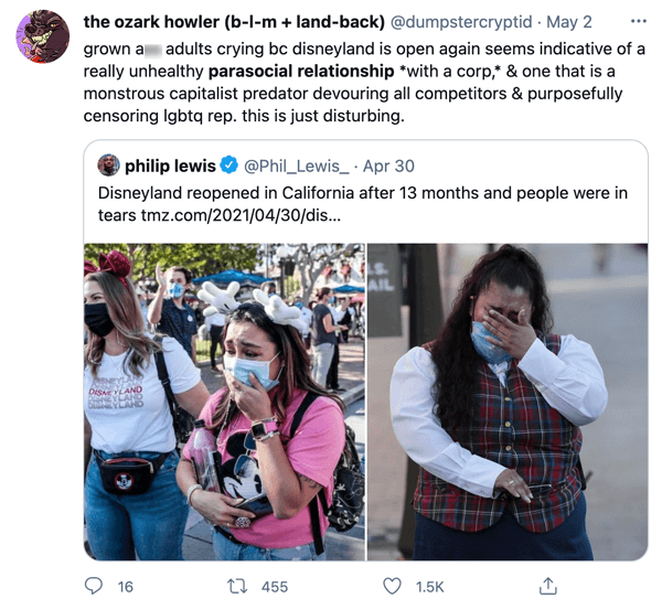 One Twitter user's take on fans' parasocial relationship with Disney
