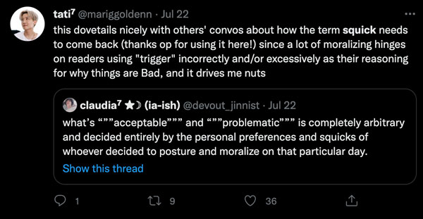 Two Twitter users discussing squicks (and "woke" superfans)
