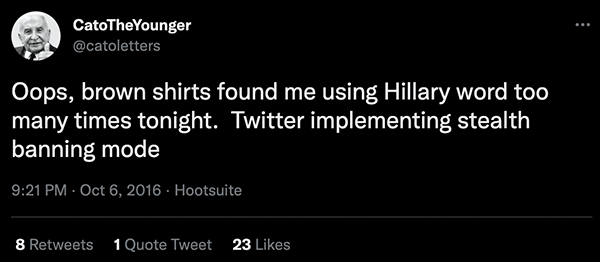 Tweet complaining about stealth banning