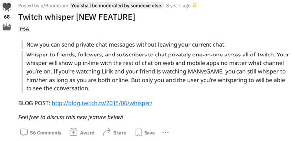 A Reddit post announcing Twitch's whisper feature