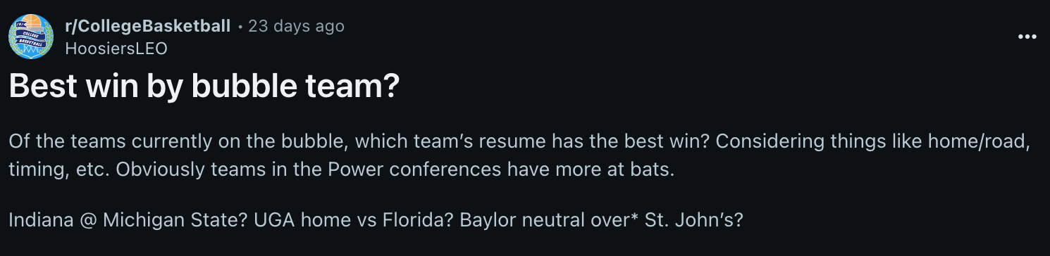 Reddit post about the best college basketball bubble team
