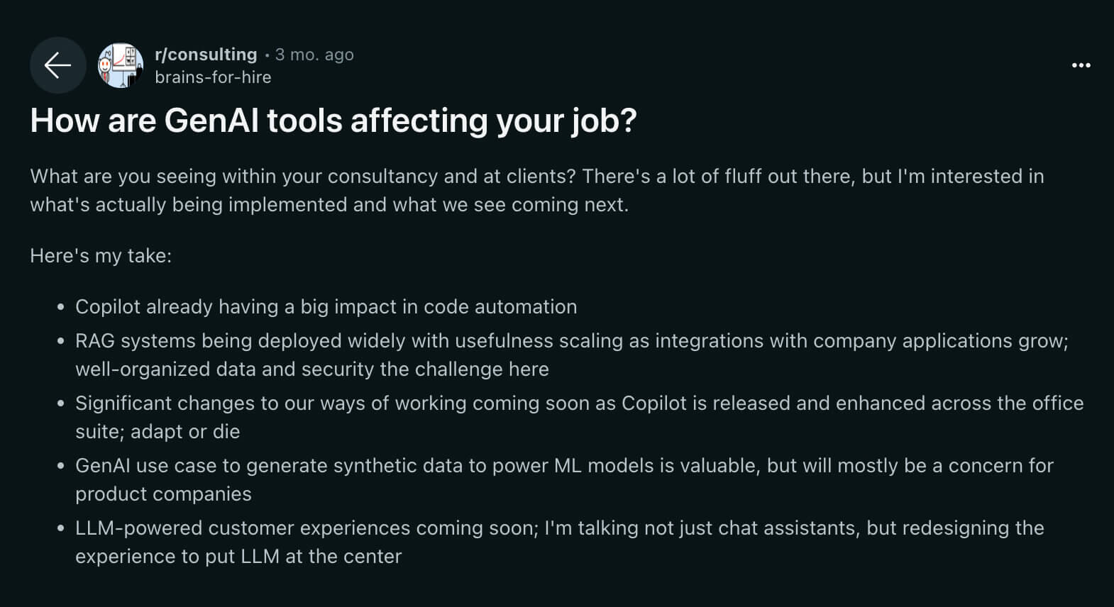 Reddit post regarding GenAI
