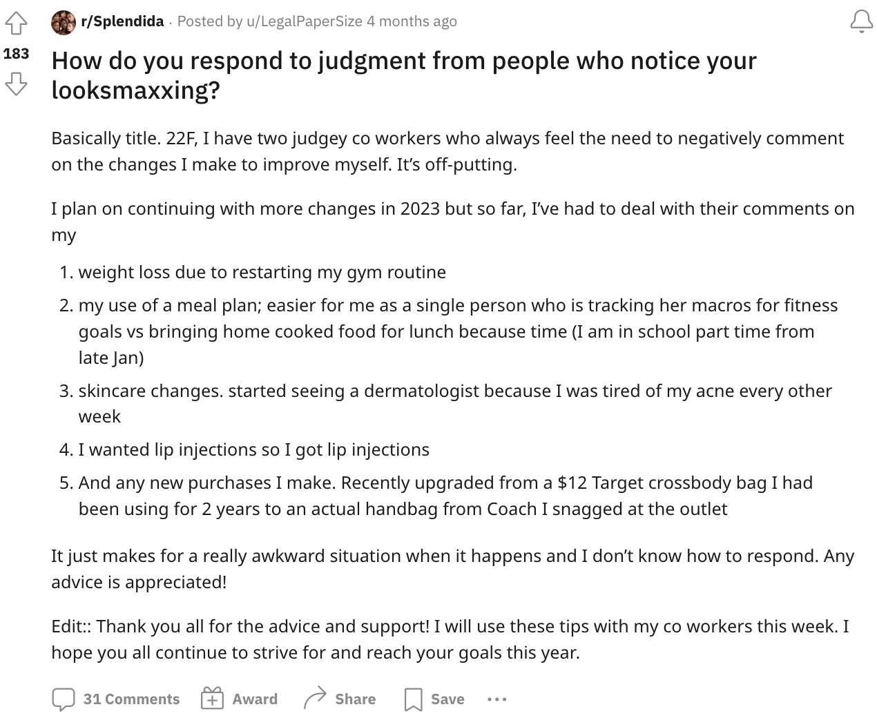A looksmaxxer discussing the changes they've made on Reddit